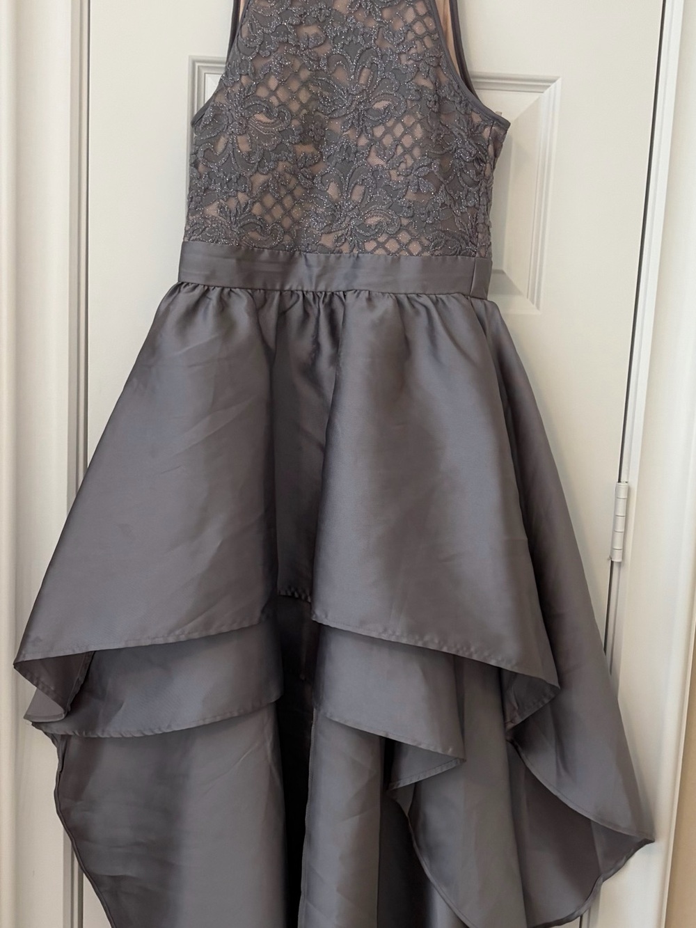 Emerald Charcoal Gray Lace Bodice High-Low Maxi Dress